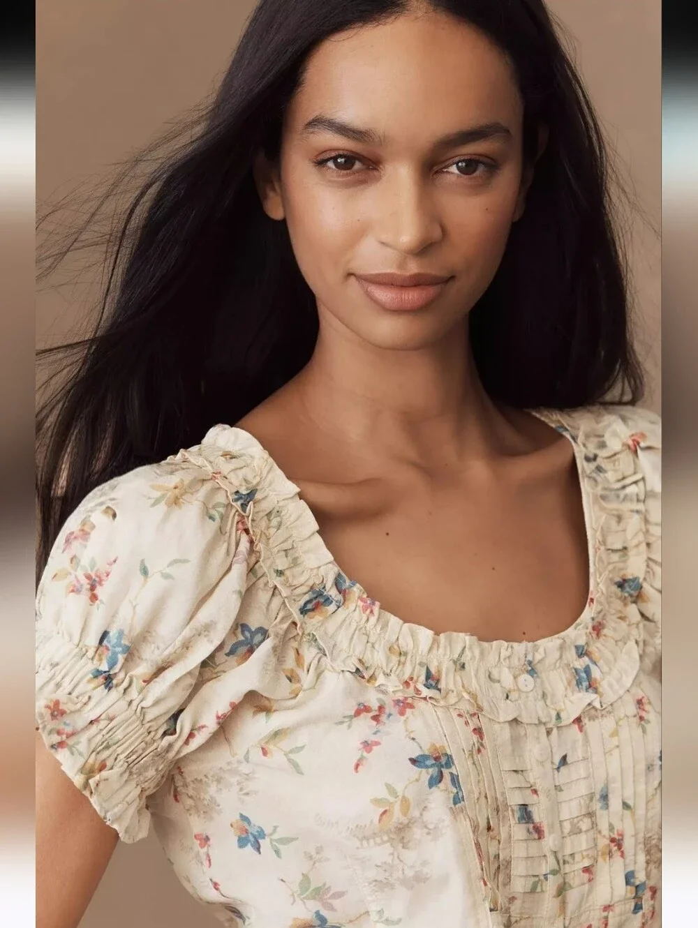 ANTHROPOLOGIE Pilcro Puff Sleeve Pintuck Cream Floral Peasant Top XS NWT